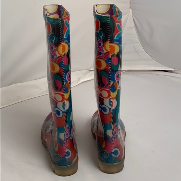 Coach Pixy Poppy multicolor rainbow C print logo rain boots size 6 - Picture 3 of 15